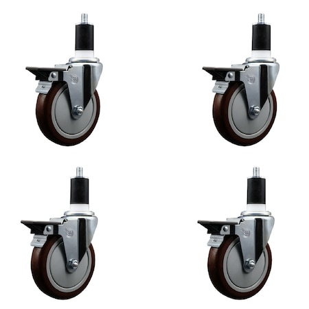 Service Caster 5'' Maroon Poly Swivel 1-1/2'' Expanding Stem Caster Set with Brake, 4PK SCC-EX20S514-PPUB-MRN-PLB-112-4